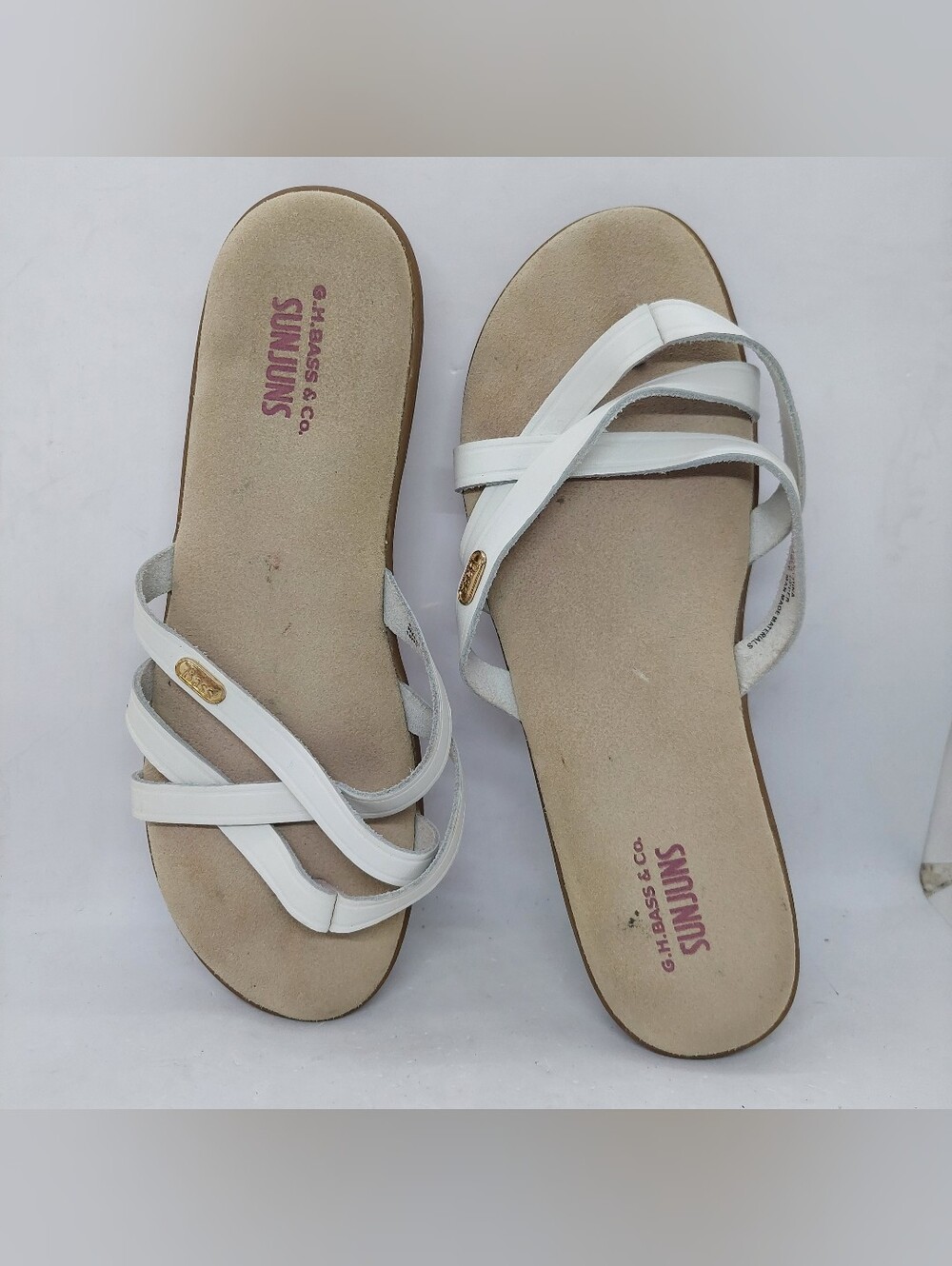 BASS Sunjuns Sharon Sandals Flats Strappy Slide White Leather Womens Size 10W